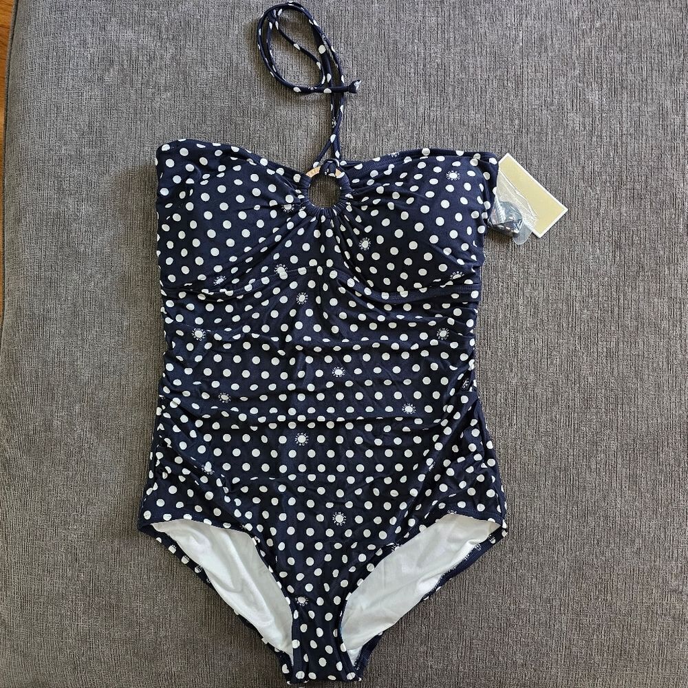 Michael Kors Bandeau one piece Logo Ring Halter Women's navy Blue swimsuit sz 14